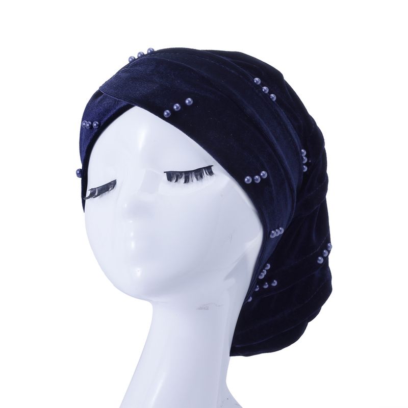Velvet Pearl Turban Hat – European & Korean Style Folding Pile Hat (In Stock)_voghion.com