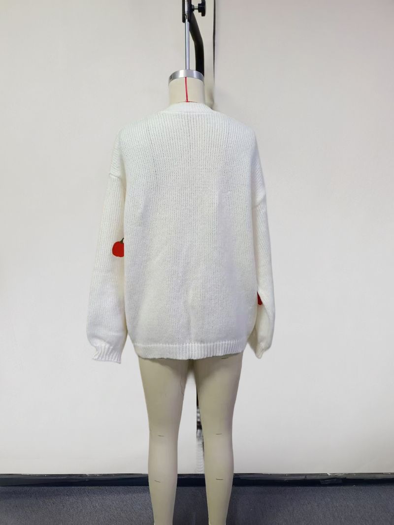 Cardigan lavorato a maglia con zucca ricamata alla moda - Maglione aperto sul davanti a maniche lunghe per donna (bianco/giallo/nero/rosa, S/M/L/XL)_voghion.com
