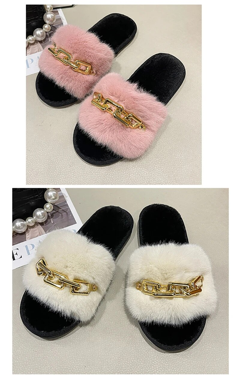 Fluffy Slippers Home Winter Casual Chain Designer Shoes Women 2024 Indoor Platform Plush Slides Girls Fashion Elegant La_voghion.com