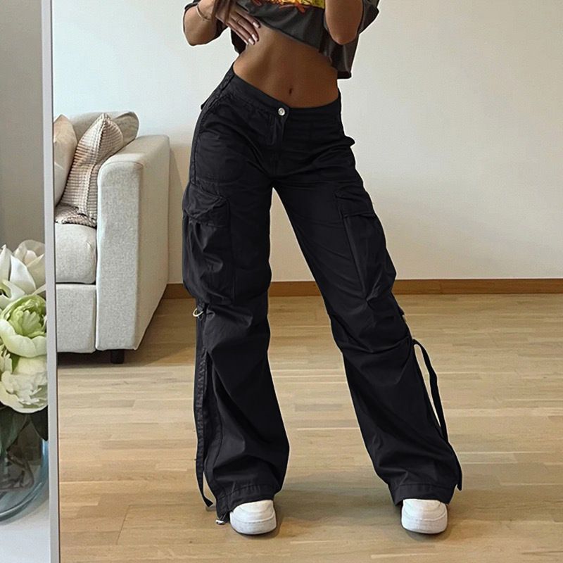 Pantaloni da donna retrò, con tasche, cuciture, vita media, gamba larga, coulisse, casual, tinta unita_voghion.com