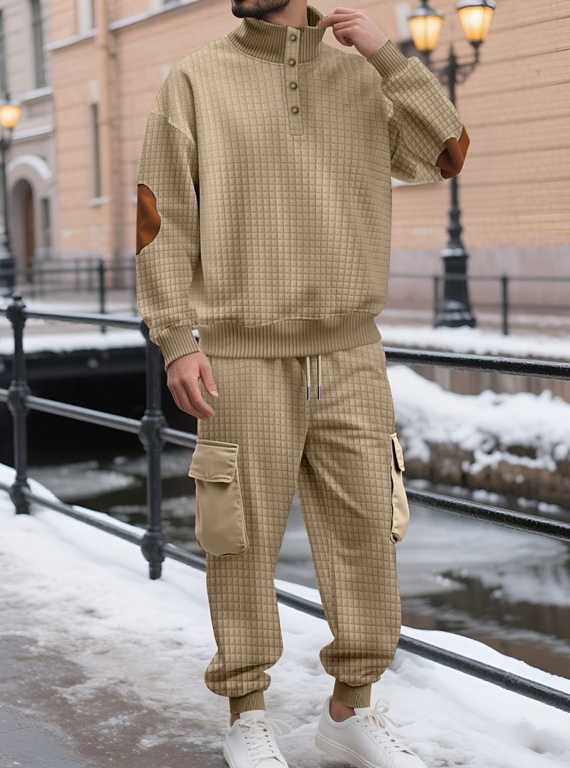 Conjunto de sudadera con capucha y joggers de punto a cuadros para hombre: 2 piezas, estilo informal de negocios, 100 % poliéster, resistente a las arrugas y transpirable._voghion.com