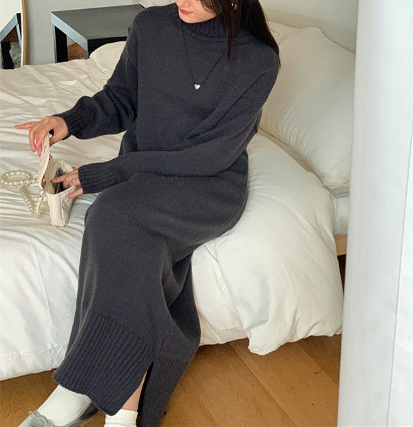 K Fashion Damen-Rollkragenpullover; locker sitzender langer Strickrock._voghion.com
