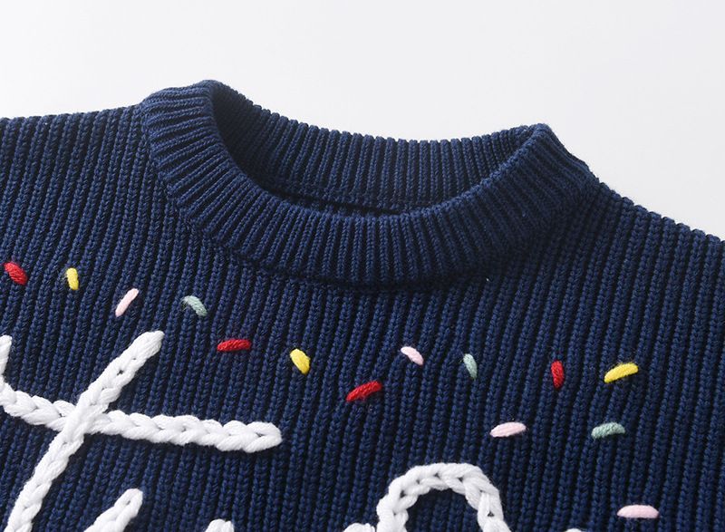 Pull d'hiver en tricot brodé à la main pour bébés et tout-petits – Motif bicolore en coton biologique (66 cm-130 cm, 6 couleurs)_voghion.com