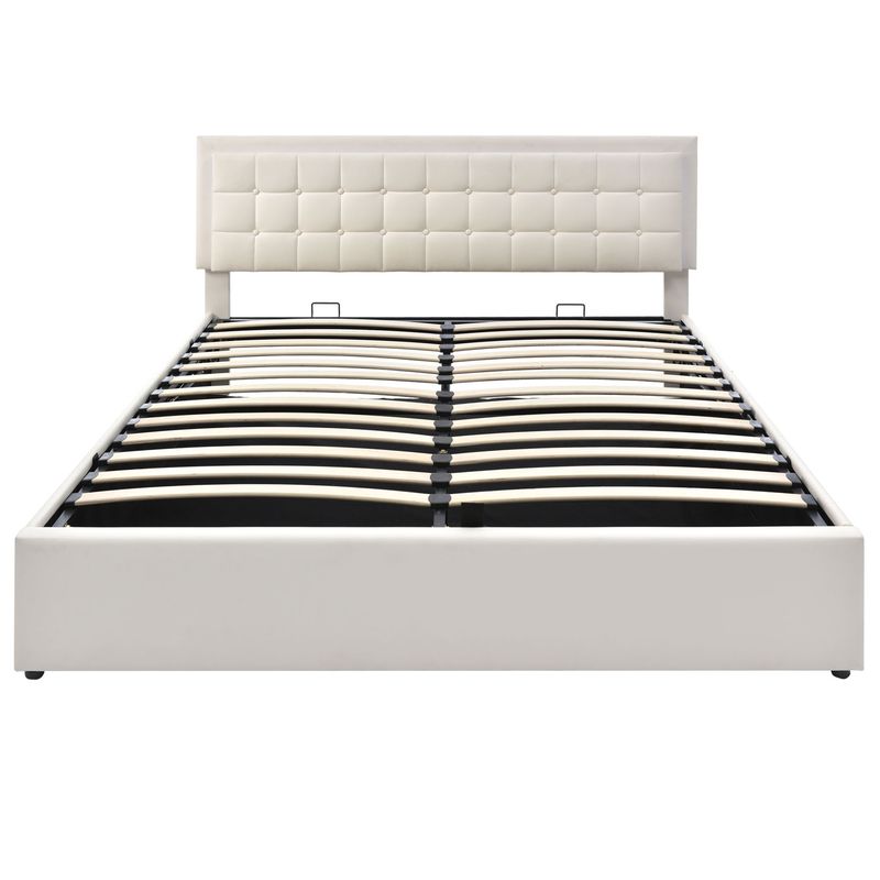 Lit double 140 x 200 cm avec sommier à lattes et rangements, avec bande lumineuse LED, cadre de lit rembourré en similicuir blanc._voghion.com