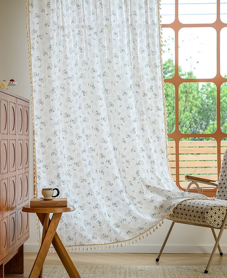 Japanese Style Daisy Semi-Sheer Curtains - 100% Cotton Cafe Curtains For Kitchen, Windows (Tie Top/Grommet/Hook, 60x90cm To 150x300cm, Floral Boho)_voghion.com