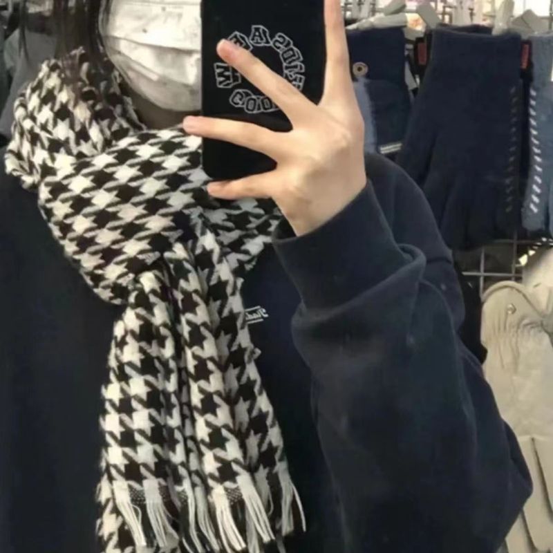 Thousand Bird Grid Scarf for Women, Autumn and New St, Student Versatile, Thickened Warm Scarf, Tassel, Winter Ins_voghion.com