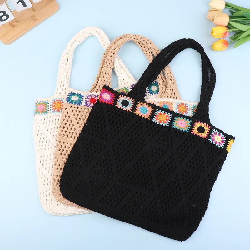 Bolsa de compras de crochê com flor, estilo hobo, para o verão, com alça de ombro em tricô, ideal para viagens e férias._voghion.com
