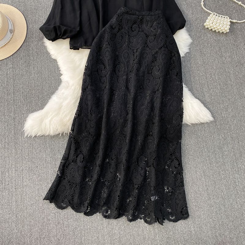 Camicia da donna con fiocco, scollo rotondo, maniche a lanterna, top, tuta, gonna a vita alta in pizzo sottile e patchwork_voghion.com