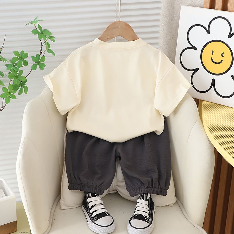 T-shirt a maniche corte con collo rotondo con bottoni cinesi in stile occidentale per bambini nuovi estivi, set in due pezzi per ragazzi e ragazze_voghion.com