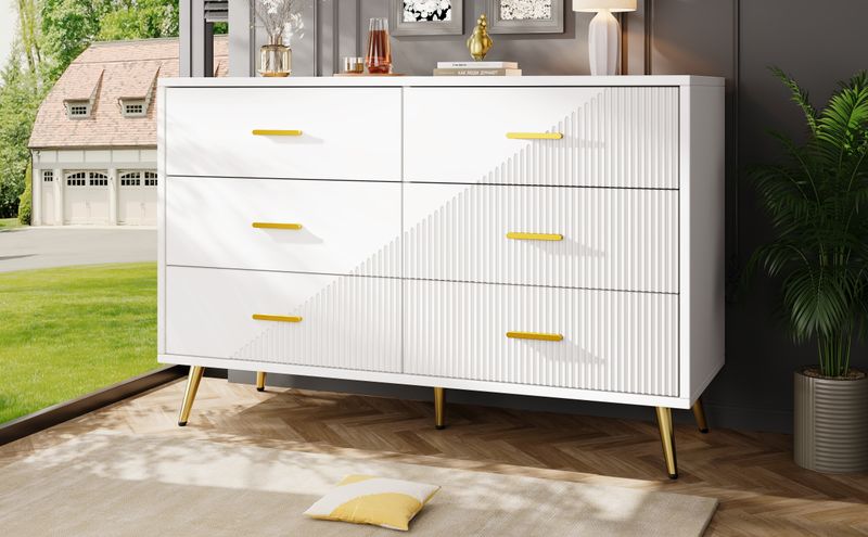 Kommode Weiß Mit 6 Schubladen, 3D-Schranktürdesign, Goldene Beine_voghion.com