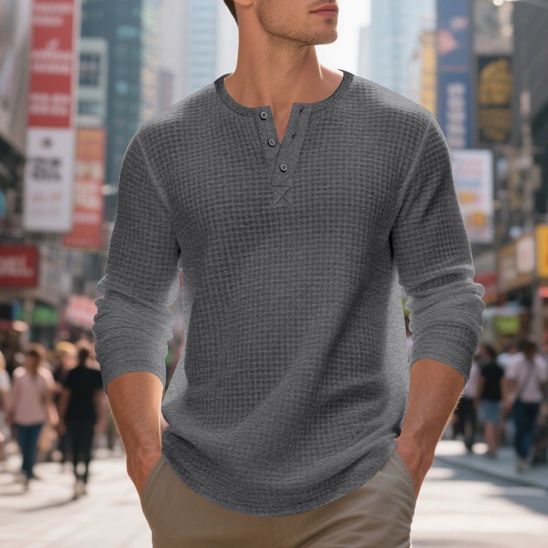 Men's Solid Color Henley Shirt - Vintage Long-Sleeve Pullover With Jacquard Check Pattern (Button Front, S-XXXL, 260GSM)_voghion.com