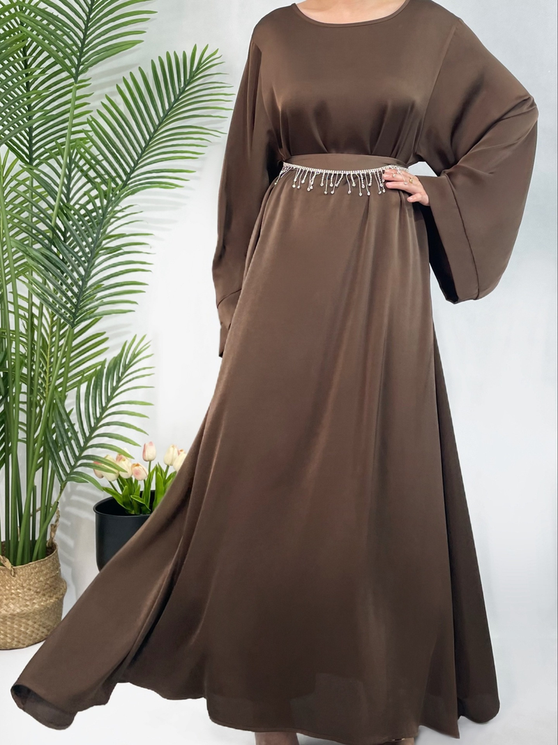 Dámské oblečení s kamínkovým páskem, dámské saténové šaty, elegantní a vznešené malajské šaty, abaya, velká velikost_voghion.com