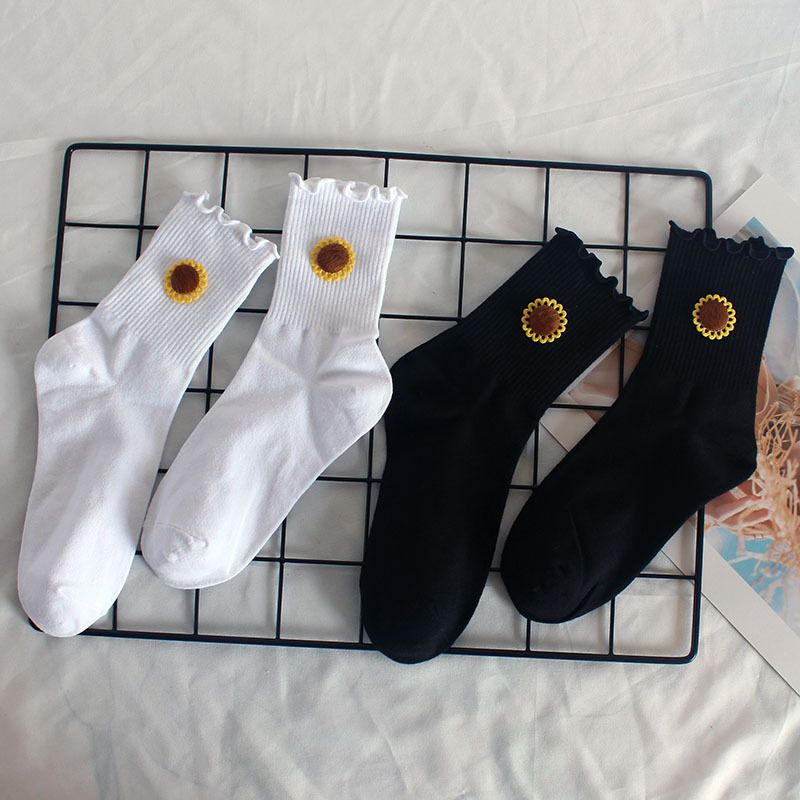 Socken Sonnenblumenspitze Damensocken Herbst und Winter Neue Holzohrkanten-Mittelschlauchsocken Damenschweißabsorbierende Baumwollsocken Studentenlaufsocken_voghion.com