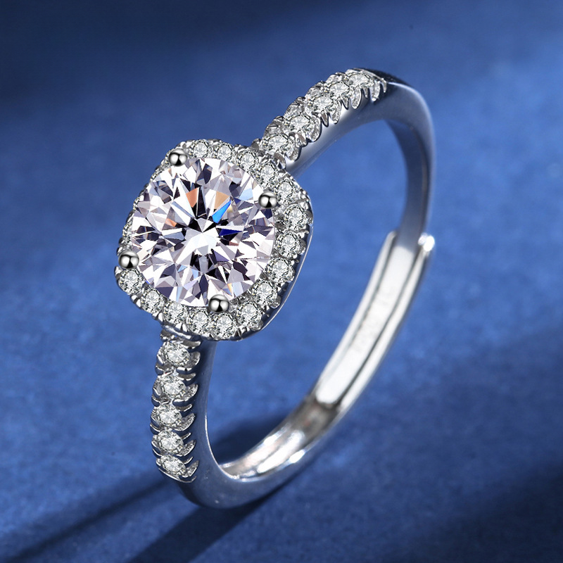 Mosang Ring Women's D Color 1 Carat Micro Set Square Bag High Carbon Stone S Silver Plated Platinum Couple Adjustable_voghion.com
