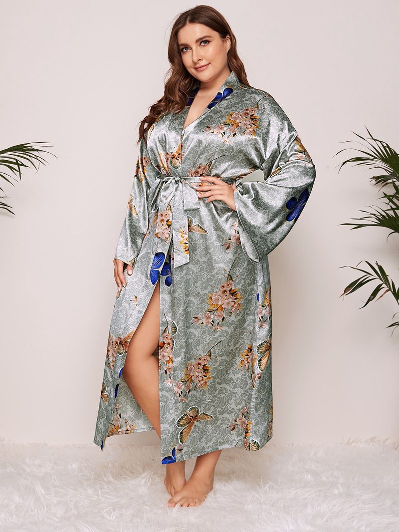 Large Size Women's Nightgown Satin Imitation Silk Printing Loungewear Long-sleeved Bathrobe Women_voghion.com