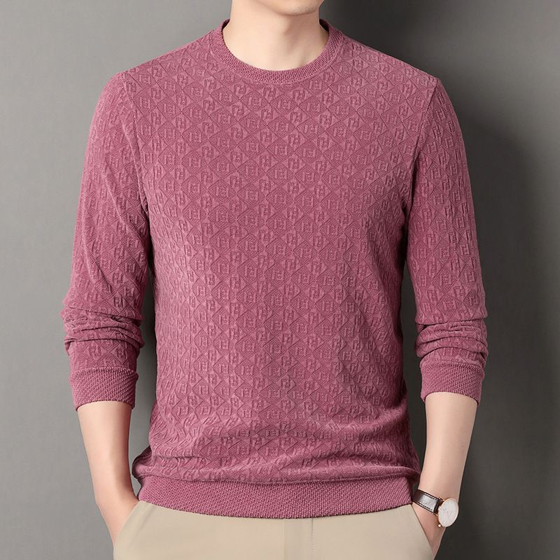 Sudadera de manga larga jacquard con transmisión en vivo para hombre, nueva colección otoño 2024, camiseta de base fina con cuello redondo para hombre_voghion.com
