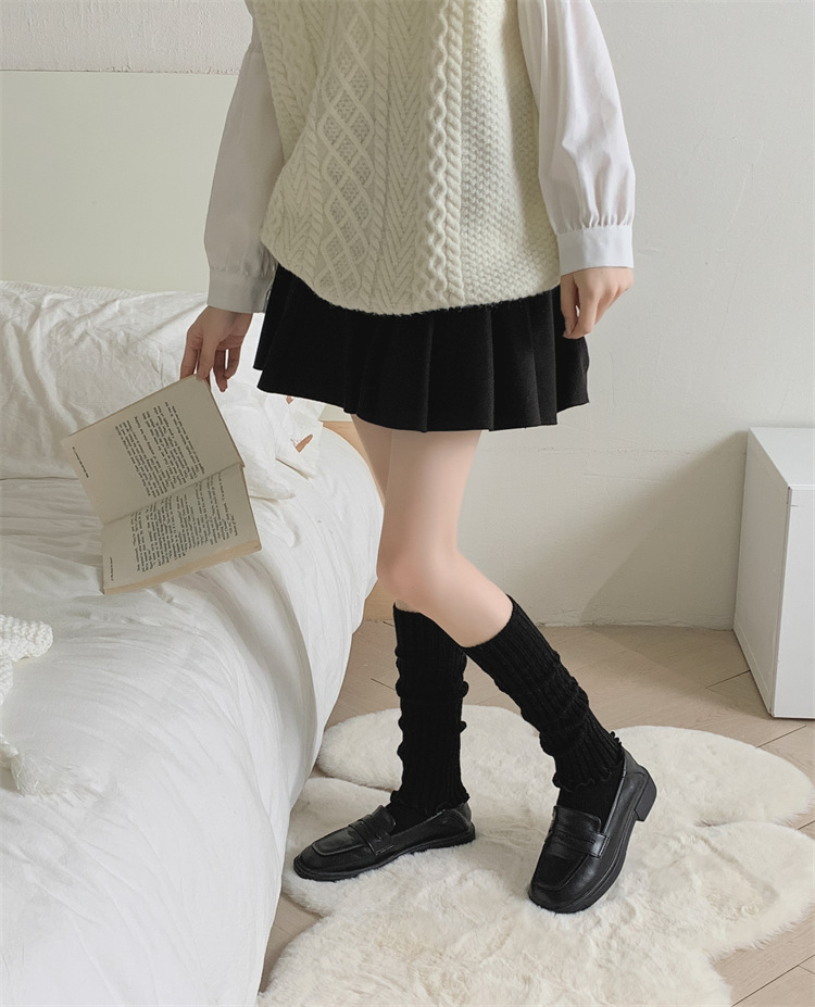 Calzini da donna in caldo cotone per autunno e inverno con doppie punte, righe verticali, calzini sovrapposti, calzini in tinta unita in stile college, coprigambe Lolita_voghion.com