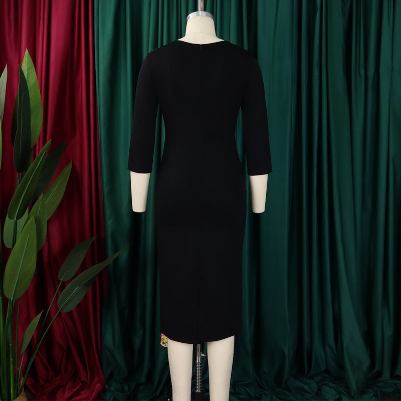 Knopf Krawatte Bedruckt D539 Plus Size Damenmode 2024 Elegantes OL Bleistiftkleid Bodycon Patchwork Atmungsaktives Kleidungskleid_voghion.com