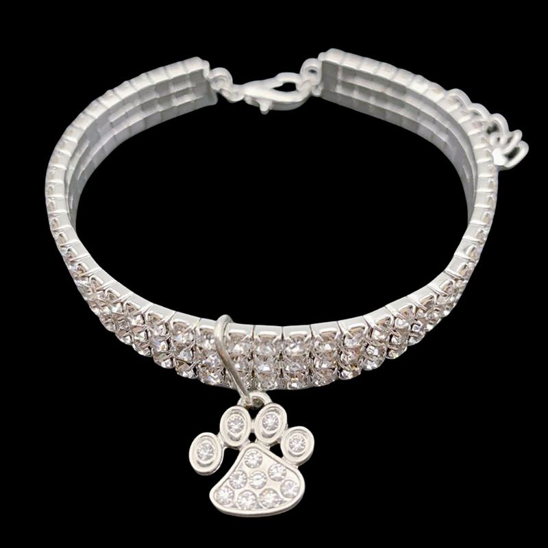 Colorful Alloy Footprint Pendant Pet Necklace Dog Chain Cat Collar Three Rows Of Elastic Rhinestone Pet_voghion.com