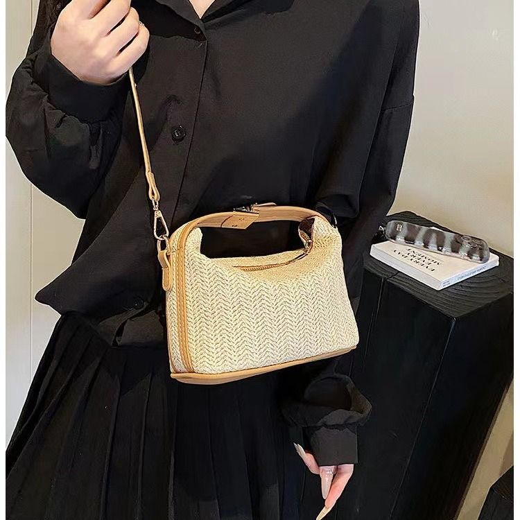 Gewebte Strohtasche Sommer Neue Urlaub Strandtasche Klassischer Stil Lunchbox Handtasche Umhängetasche Damentasche_voghion.com