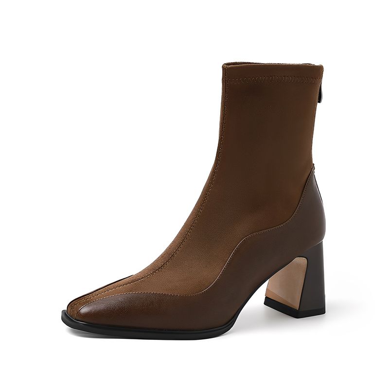 Pelle ~ Corto per le donne 2024 Nuovo in vera pelle Tacco alto Autunno Inverno Punta quadrata Elasticizzato Calzino Tacco spesso Francese_voghion.com