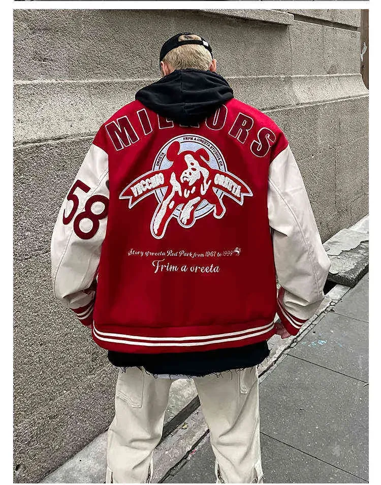 Herrenjacken, Rote Varsity-Männer, Übergroße Baseball-Bomberjacke mit Buchstabenstickerei, Vintage-Stil, Lederärmel_voghion.com