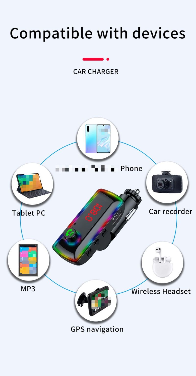Nabíječka do auta Nabíječka mobilního telefonu Bluetooth handsfree volání Hlasová navigace USB port s funkcí nabíjení 3,1 A Barevné ambientní osvětlení FM vysílač_voghion.com