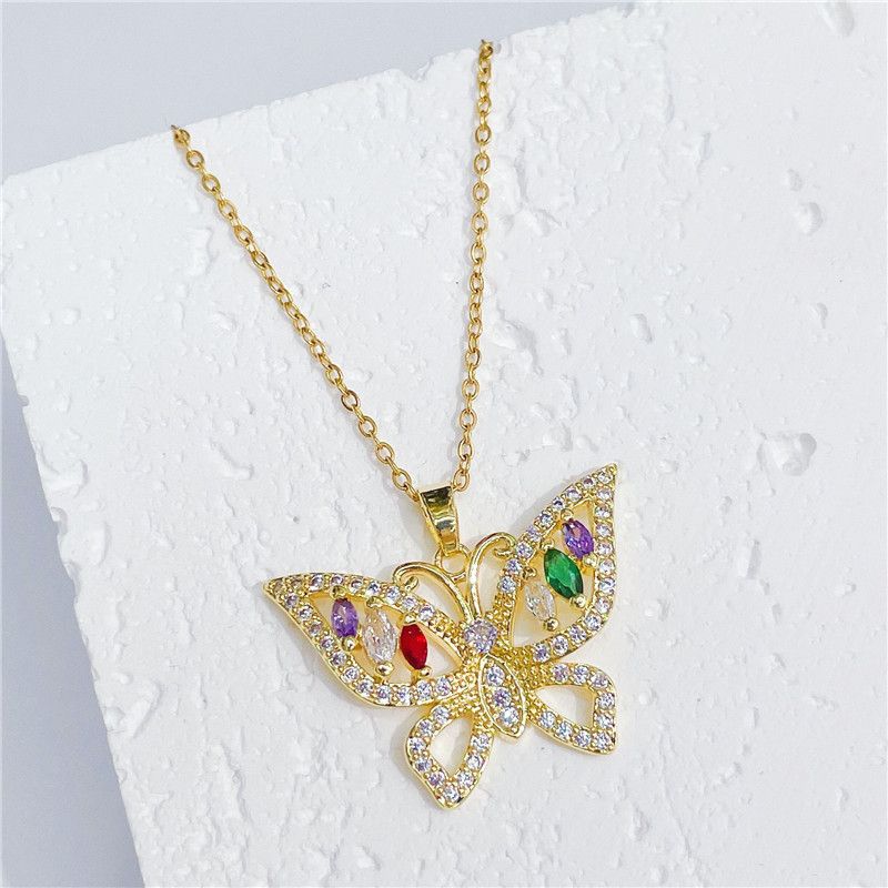 Vorrätig Exquisite Halskette mit Schmetterlings-Anhänger aus Edelstahl für Frauen, bunte Cz-Insektenketten, Zubehör_voghion.com