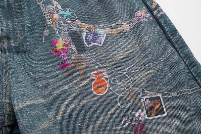 Herrenjeans im Vintage-Kettenprint – Entspannte Baggy-Hose mit geradem Bein und 3D-Details (S-XL, Blau)_voghion.com