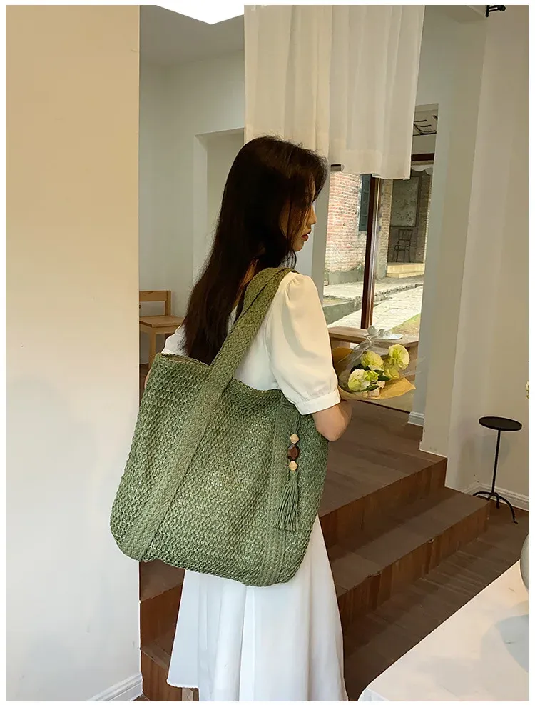 Elegante borsa da donna in paglia intrecciata, da spiaggia, per le vacanze, per il pendolarismo, casual, con manico superiore, alla moda, retrò, a tracolla, 2024_voghion.com