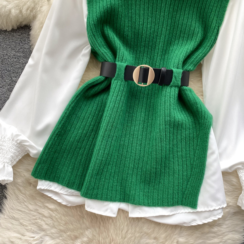 Set de două piese pentru femei, cămașă albă cu mâneci lungi și vestă din tricot despicat_voghion.com