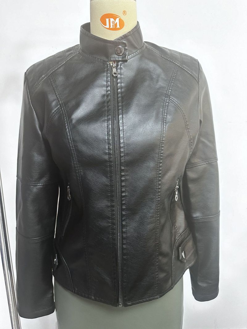 Giacca in pelle da donna; giacca da motociclista attillata; cappotto sottile; giacca in pelle con collo alto di taglia comoda._voghion.com