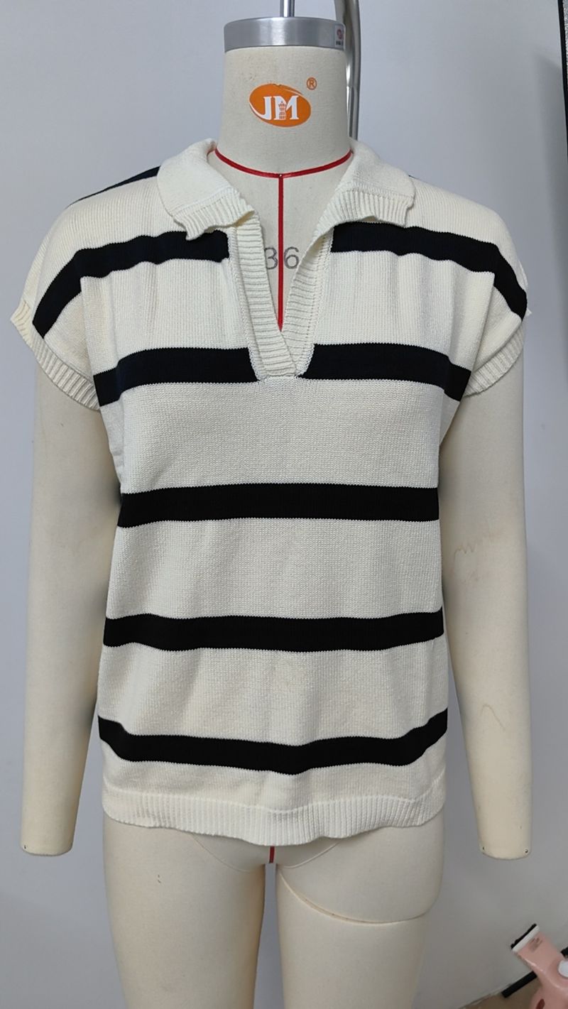 Gilet a righe casual da donna con risvolto_voghion.com