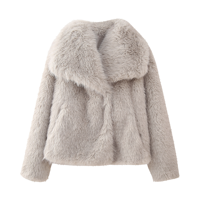 Jaqueta curta feminina com efeito de pele artificial para inverno_voghion.com