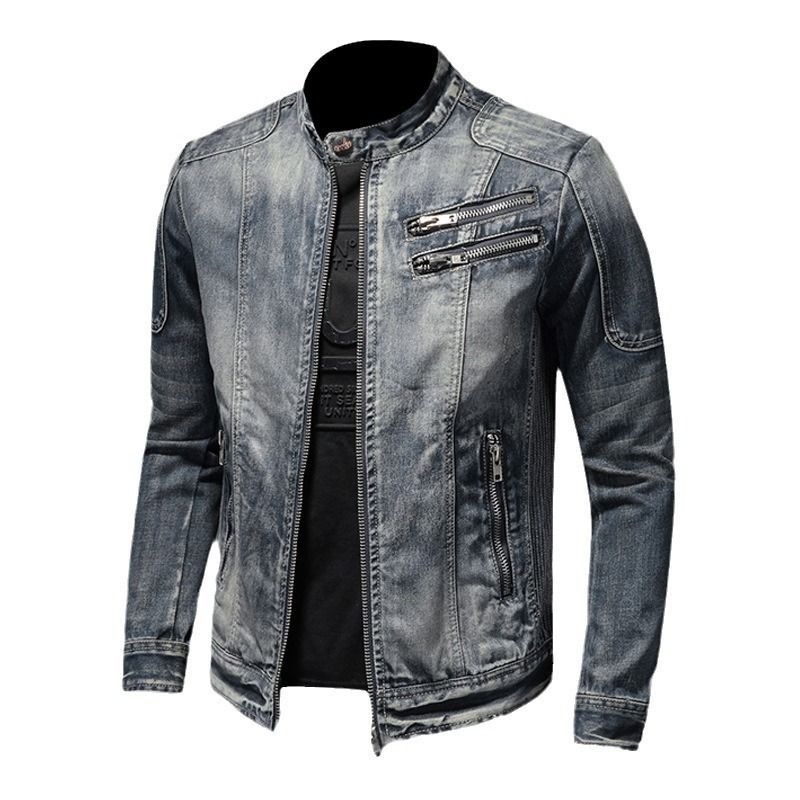 Veste de moto en jean pour homme, décontractée et polyvalente, à col montant et fermeture éclair, idéale pour toutes les saisons_voghion.com