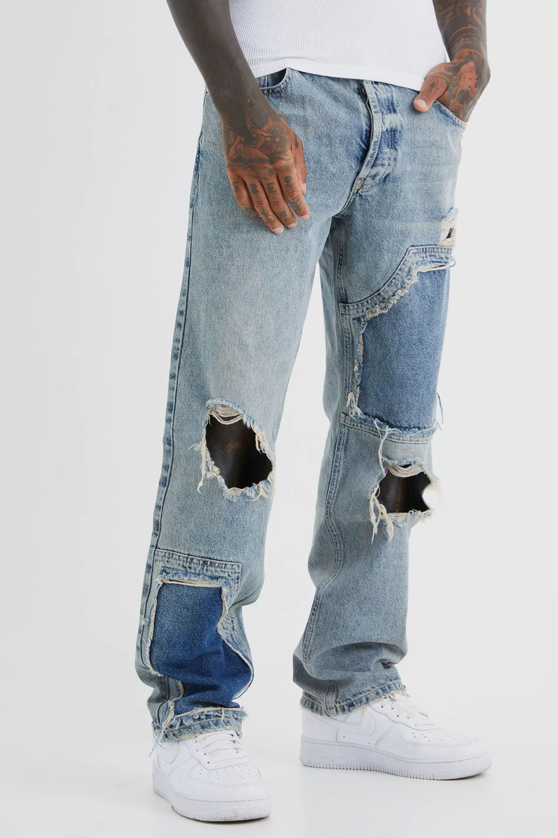 Herrenbekleidung Hochwertige Jeans mit Bären-Print für Männer Patchwork-Farbverlauf-Patchwork-Denim Herren-Freizeithose im neuen Stil_voghion.com