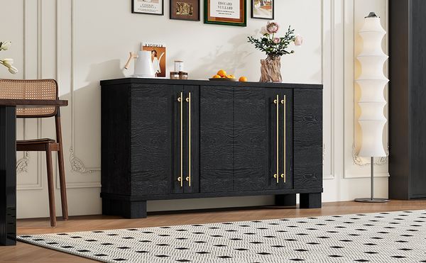 TREXM Wood Traditional Style Sideboard With Adjustable Shelves And Gold Handles For Kitchen, Dining Room And Living Room (Black)_voghion.com