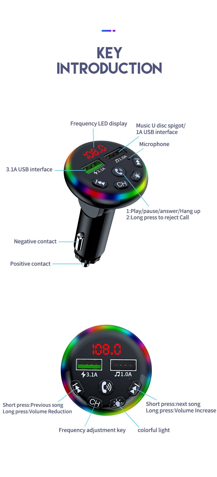 Nabíječka do auta Nabíječka mobilních telefonů Bluetooth Hands-free volání USB port s funkcí nabíjení 3,1A Barevné okolní světlo FM vysílač_voghion.com