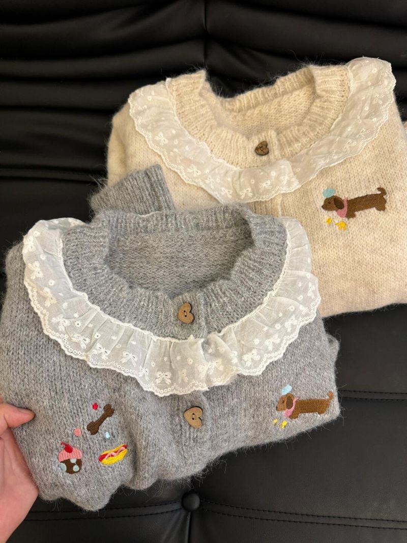 Chaqueta tipo cárdigan de encaje empalmado, bordado de perro de otoño para mujer, suéter de punto suave y dulce, versátil._voghion.com