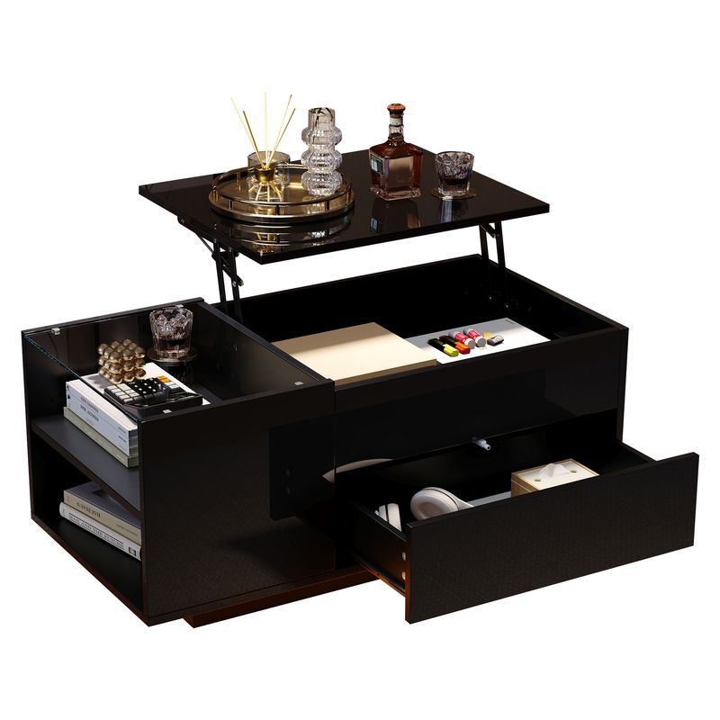 Table basse réglable en hauteur 95 x 48 x 42 cm avec rangement dissimulé, éclairage LED, tiroir et prise de courant - Table d'appoint de salon noire_voghion.com