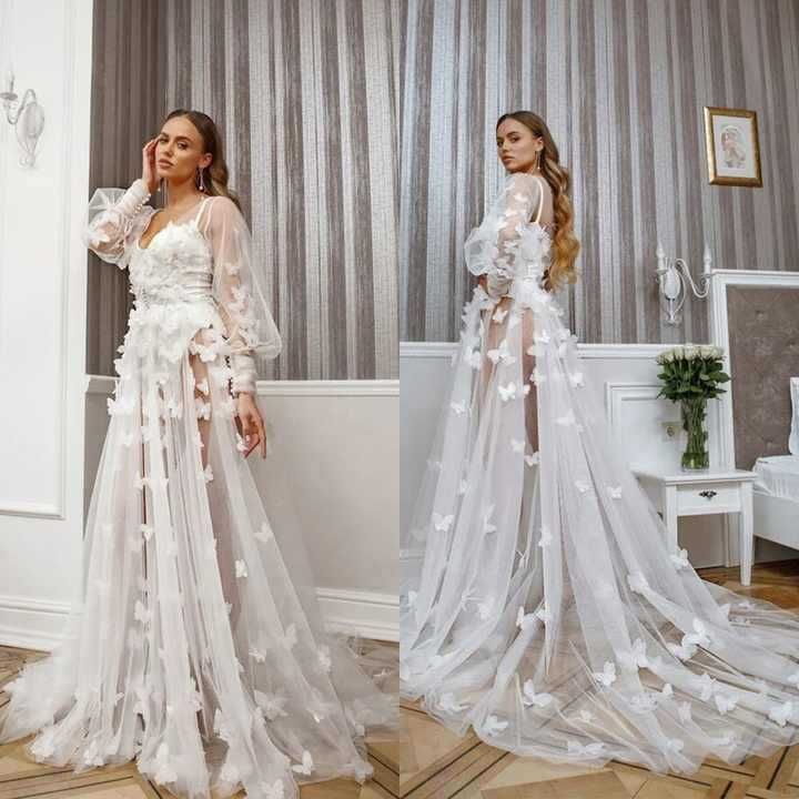 Kvinnors tredimensionella spets fjärilsnät hög midja långärmad moppning V-ringad brudklänning brudtärna catwalk lång kjol_voghion.com