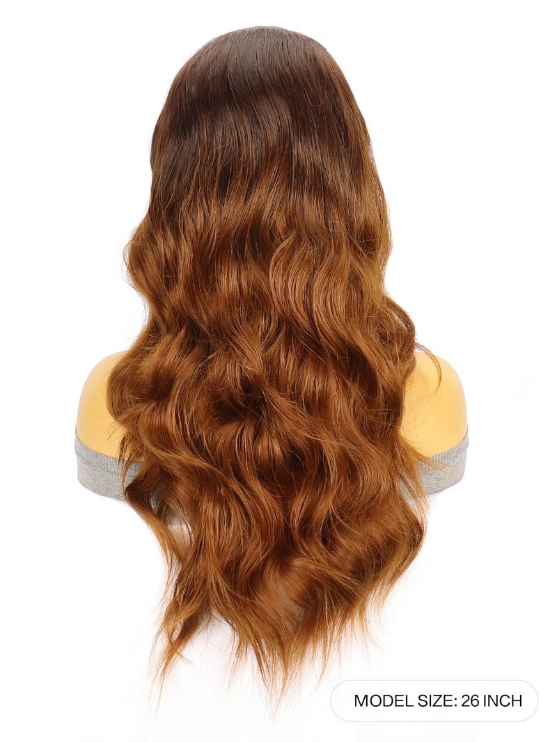 Parrucca sintetica frontale in pizzo annodata a mano per donna - Parrucca lunga e riccia con riga centrale (fibra resistente al calore, cuffia traspirante, attaccatura naturale dei capelli, pronta da indossare)_voghion.com