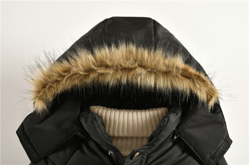 Abrigo grueso de invierno para niño: Chaqueta larga con capucha desmontable y cremallera (100-140 cm, negro/azul marino/caqui/bronce)_voghion.com