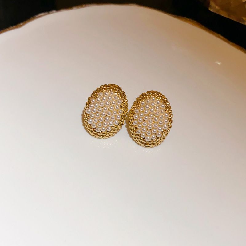 Silver Needle Set Diamond Flower Oval Pearl Metal Style Geometric Palace Fashion and Earrings for Women high-end_voghion.com