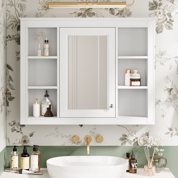 35'' X 27.5'' Medicine Cabinet, Wall Mounted Bathroom Storage Cabinet, Modern Bathroom Wall Cabinet With Mirror, Mirror Cabinet With 6 Open Shelves_voghion.com