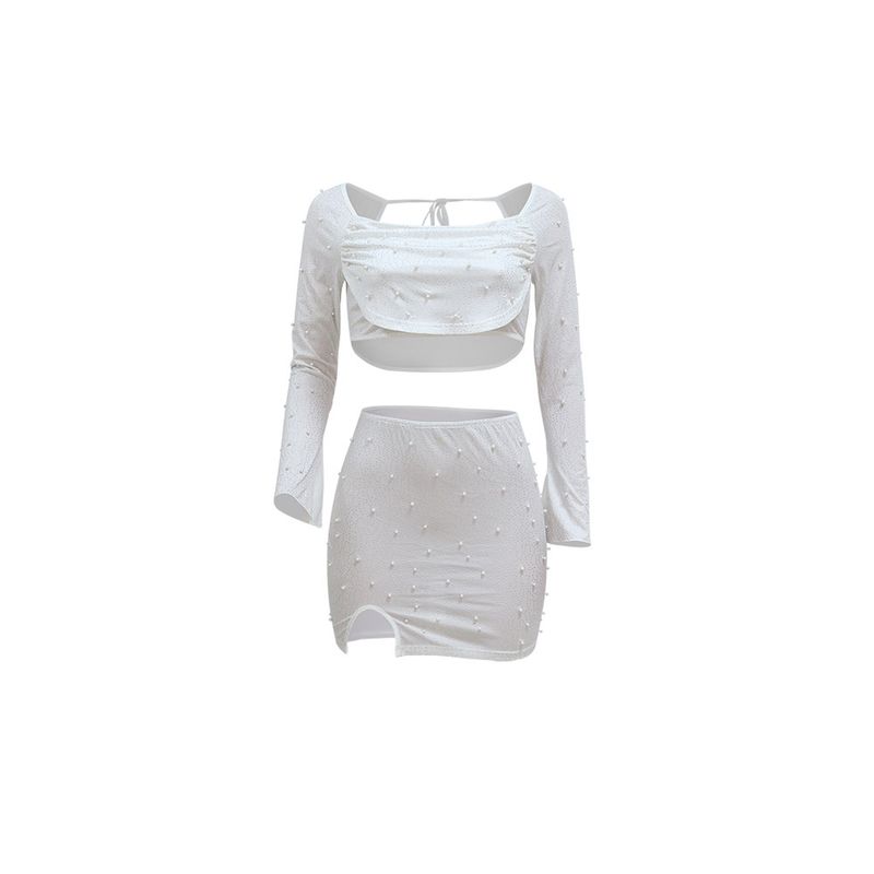 CY900335 Set due pezzi di moda europea e americana, top corto sexy monospalla a maniche lunghe e gonna a fessura_voghion.com