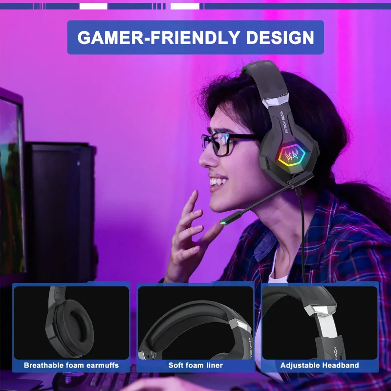 ired Gaming Headset With Noise Cancelling Mic Compatible With PC PS4 PS5 Xbox Surround Sound RGB Light Over Ear Design_voghion.com