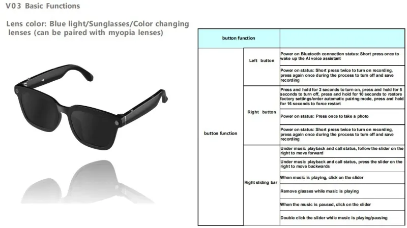 En Çok Satan Yapay Zeka Kameralı Akıllı Gözlük V03-T5, 8 MP HD Video Kaydı, Arama Müzik Fonksiyonları, Sesli Asistan ve_voghion.com