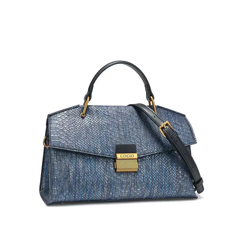 Borsa a mano firmata COCIO con motivo serpente blu, borsa a tracolla versatile di alta gamma, di nicchia e alla moda_voghion.com