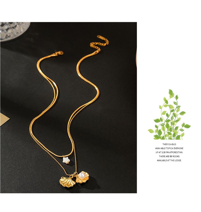 Collana unisex in oro 14 carati con doppio strato di perle e conchiglia, in acciaio inossidabile, stile femminile, design di nicchia, collana a stella a cinque punte abbinabile._voghion.com